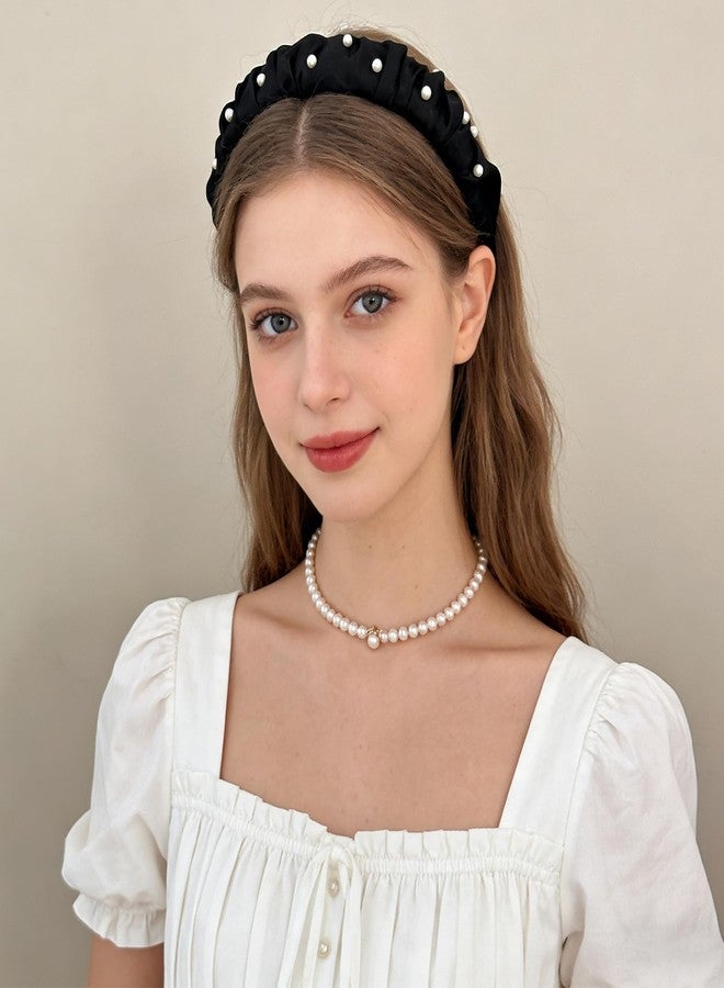 Ceoyiler Black Headband, Fashion Satin Pearl Headband for Women,Cute Vintage Designer Black Hair Accessories for Women and Girls - Image 5